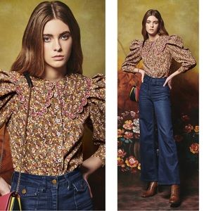 NWT CeliaB Cedro Brown Floral Bib Cotton Puff Sleeve Shirt Size XS